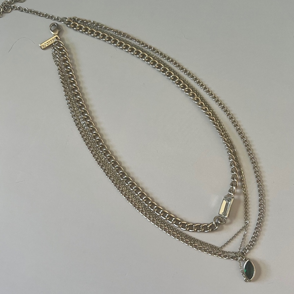 TOPSHOP Gold Toned Multi Chain Necklace with Green and Clear Crystals